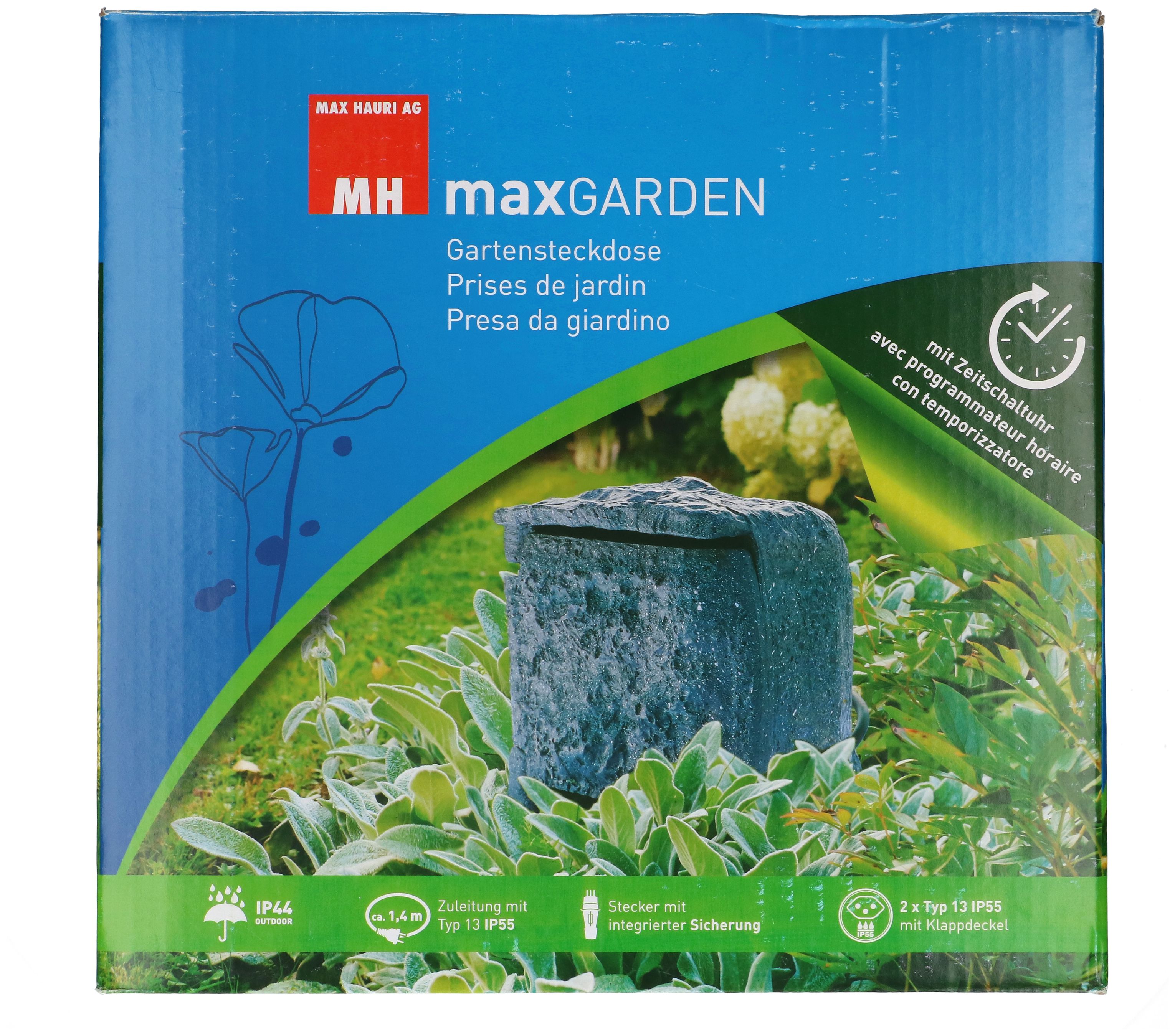 Gartensteckdose 2x Typ 13 IP55 Zeitschaltuhr Steinoptik grau