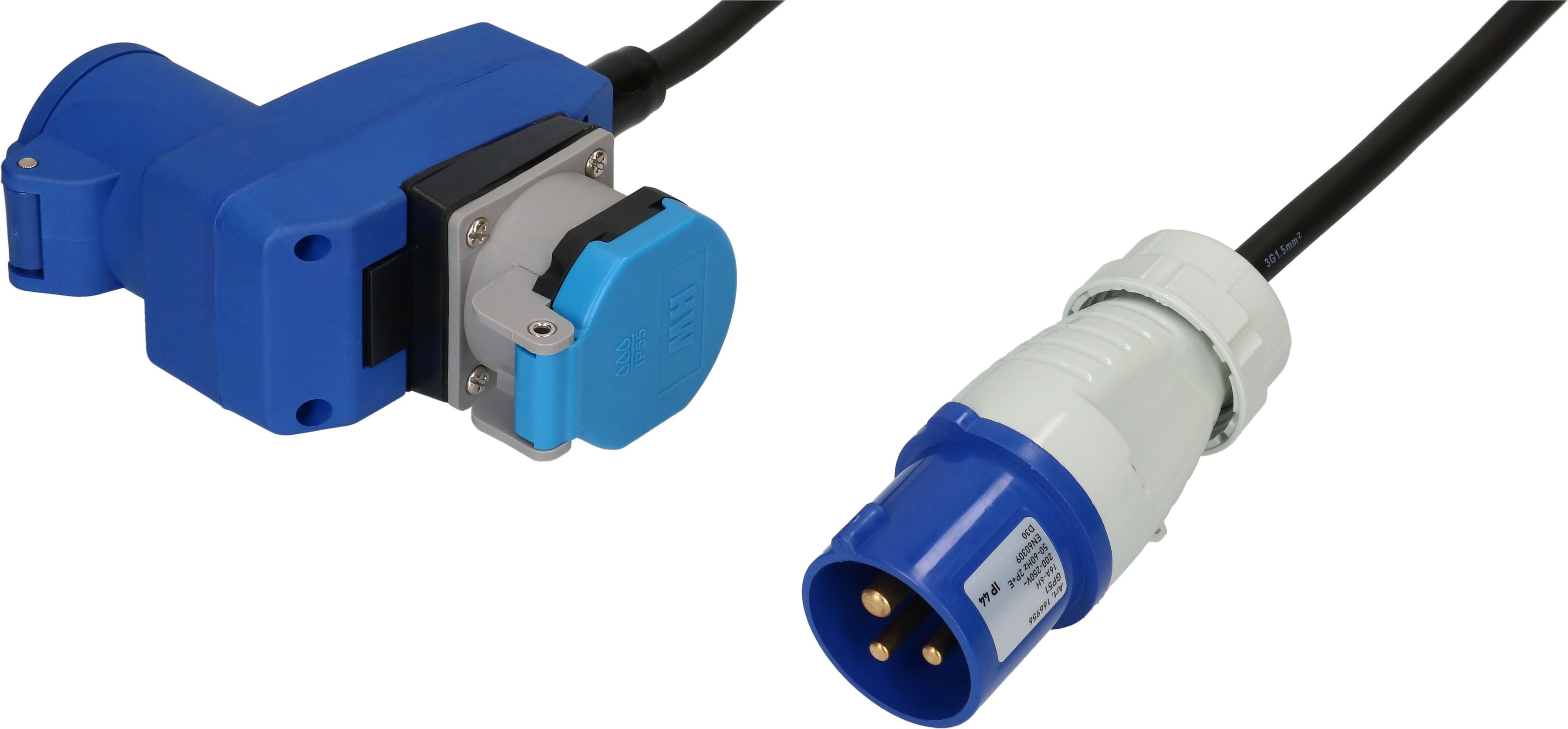 CEE-Verlänger. H07RN-F3G1.5 1.5m sw CEE16-3/CEE16-3 +Typ 23 IP55