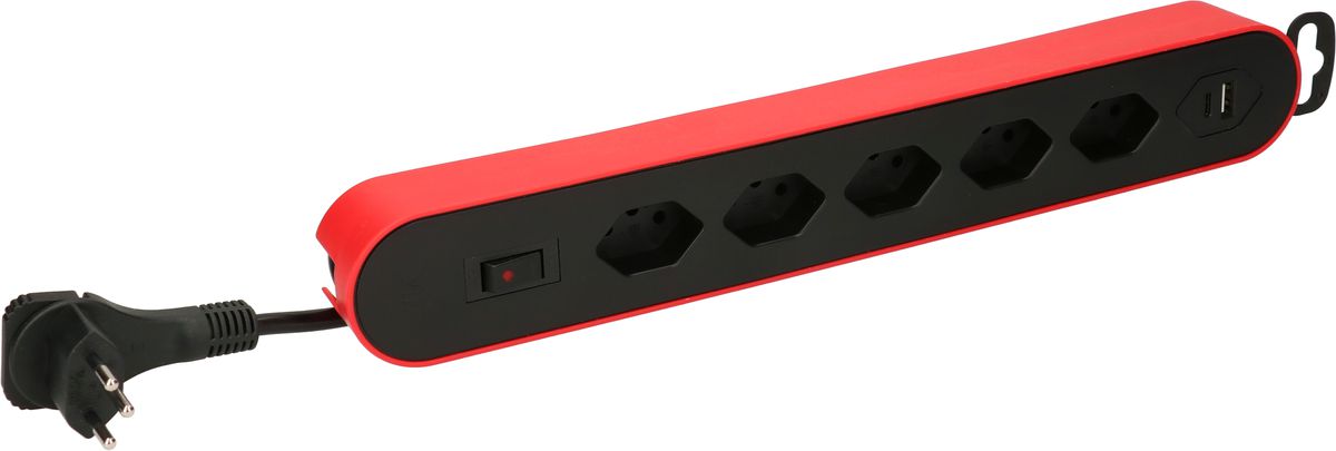 Multiple Socket Design Line 5xT13 90° 1xUSB A 1xUSB C red/black