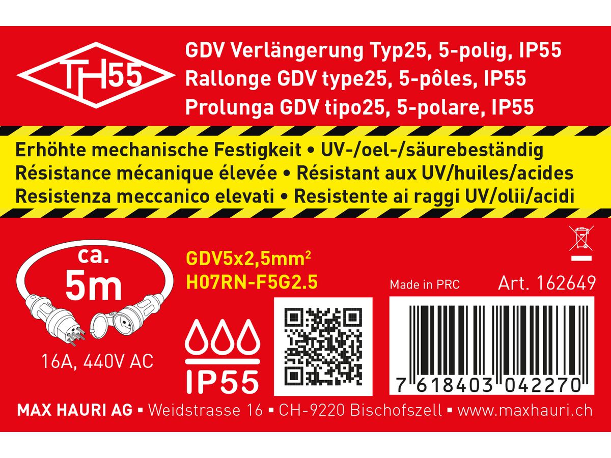 IP55-GDV-Verlängerung H07RN-F5G1.5 5m schwarz Typ 15 / Typ 15