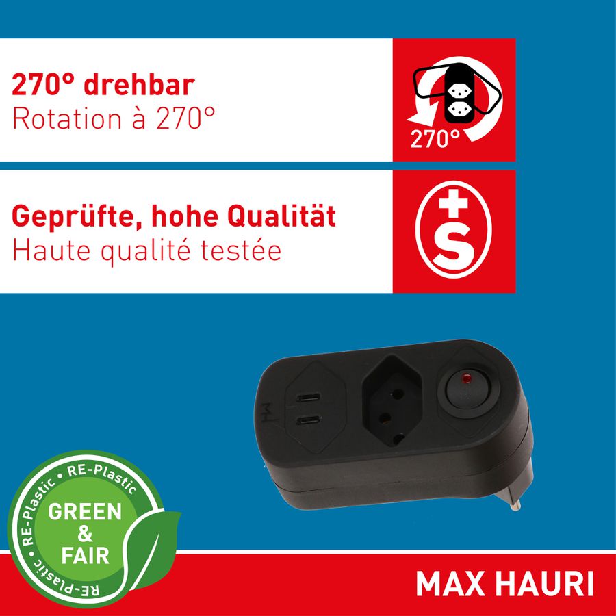 Abzweigstecker ADAPT 1x Typ 13 USB-C/C 20W sw drehbar Green+Fair