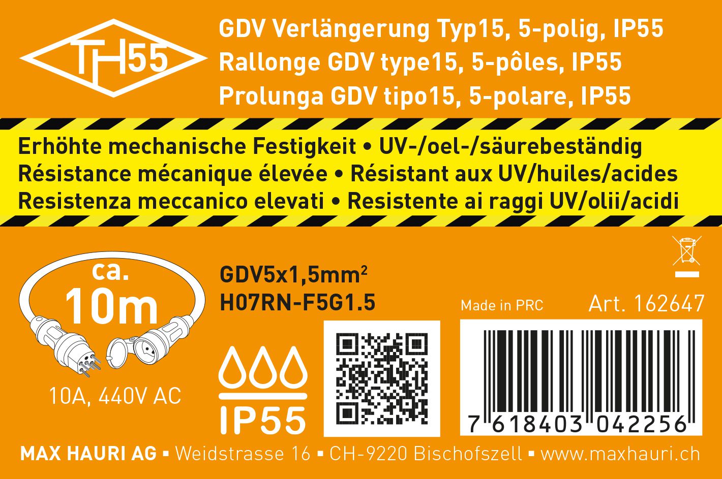 Rallonge IP55 GDV-5x1.5 10m noir type 15 / type 15