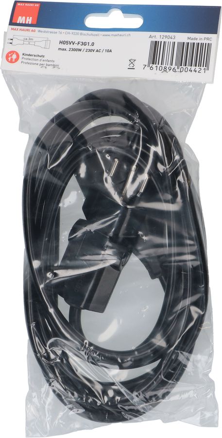 TD-Verlängerung H05VV-F3G1.0 3m sw clip-clap BS Typ 12 / Typ 13