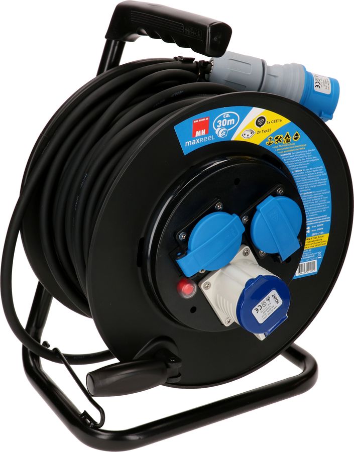 enrouleur de câble IP44 2x type 23, 1x CEE16 -3 30m noir, bleu