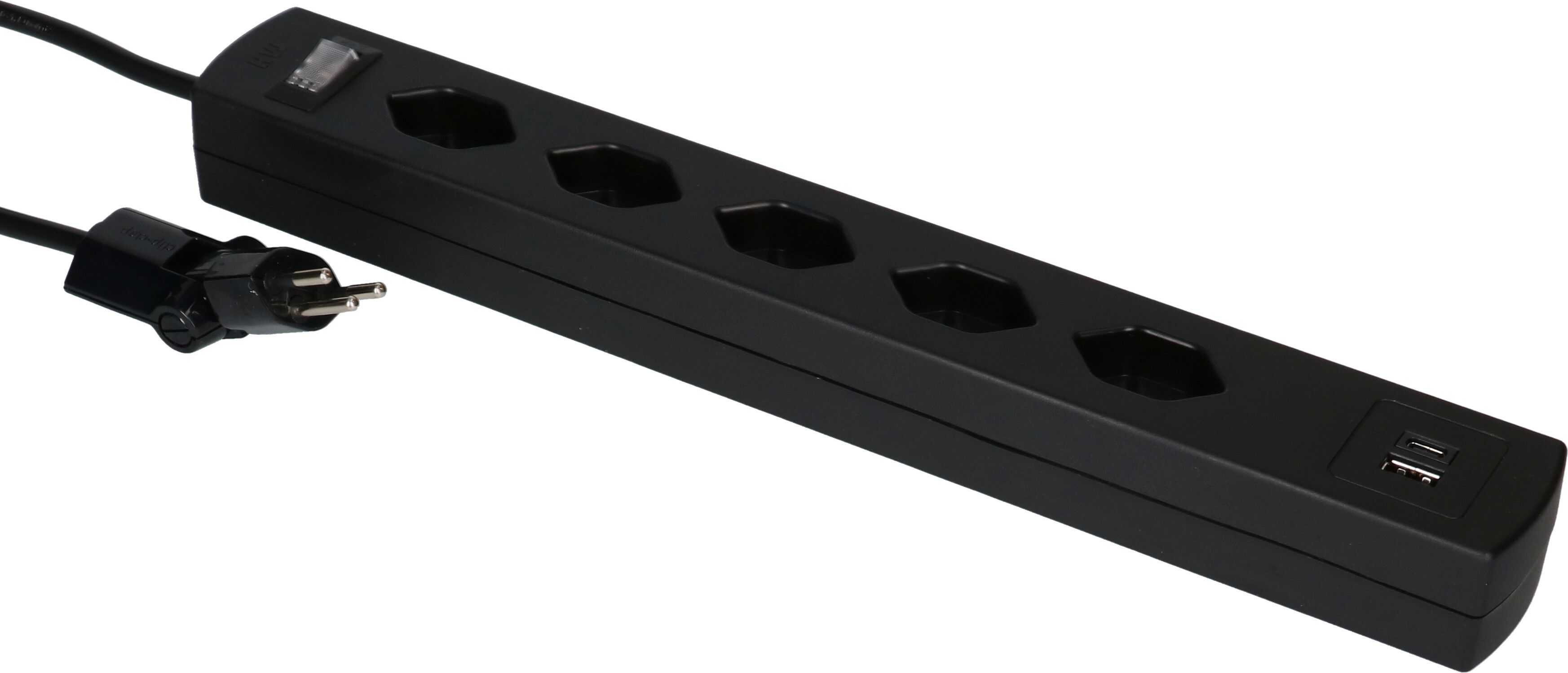 Steckdosenl. Safety Line 5xTyp 13 90° BS sw Scha. USB Mag.2m cli.