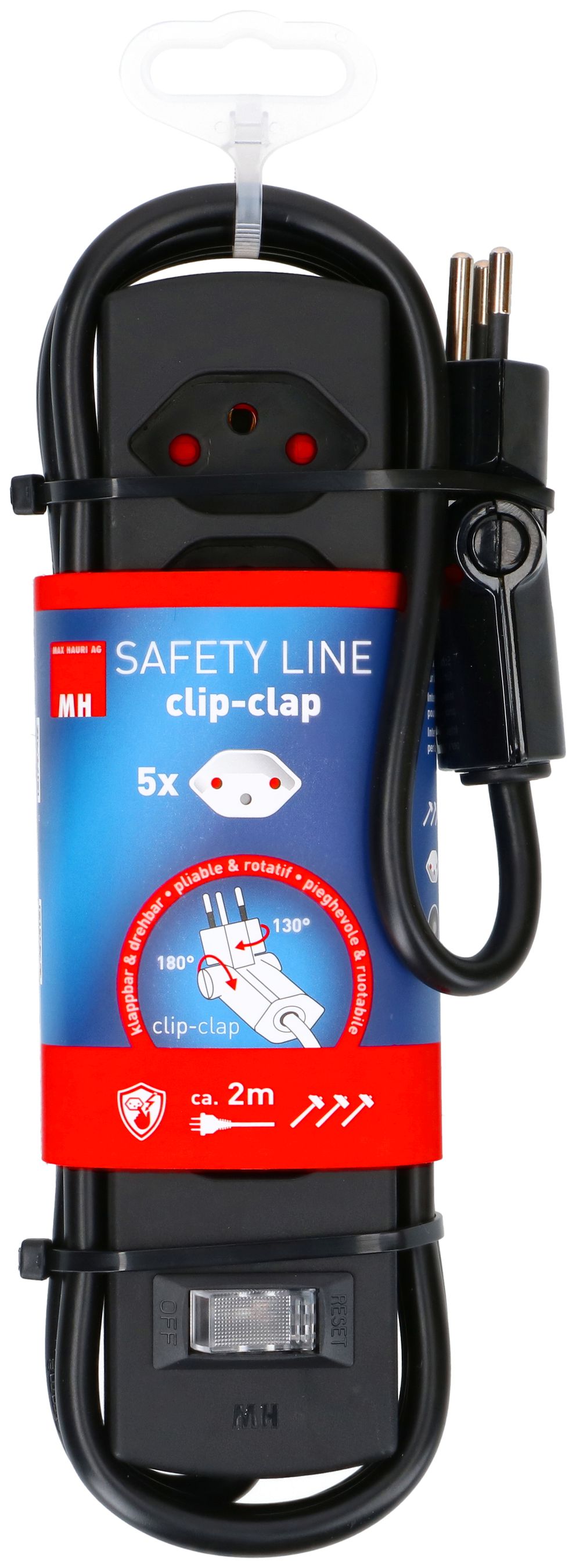 multiprise Safety Line 5x type 13 BS noir interrupteur 2m cli