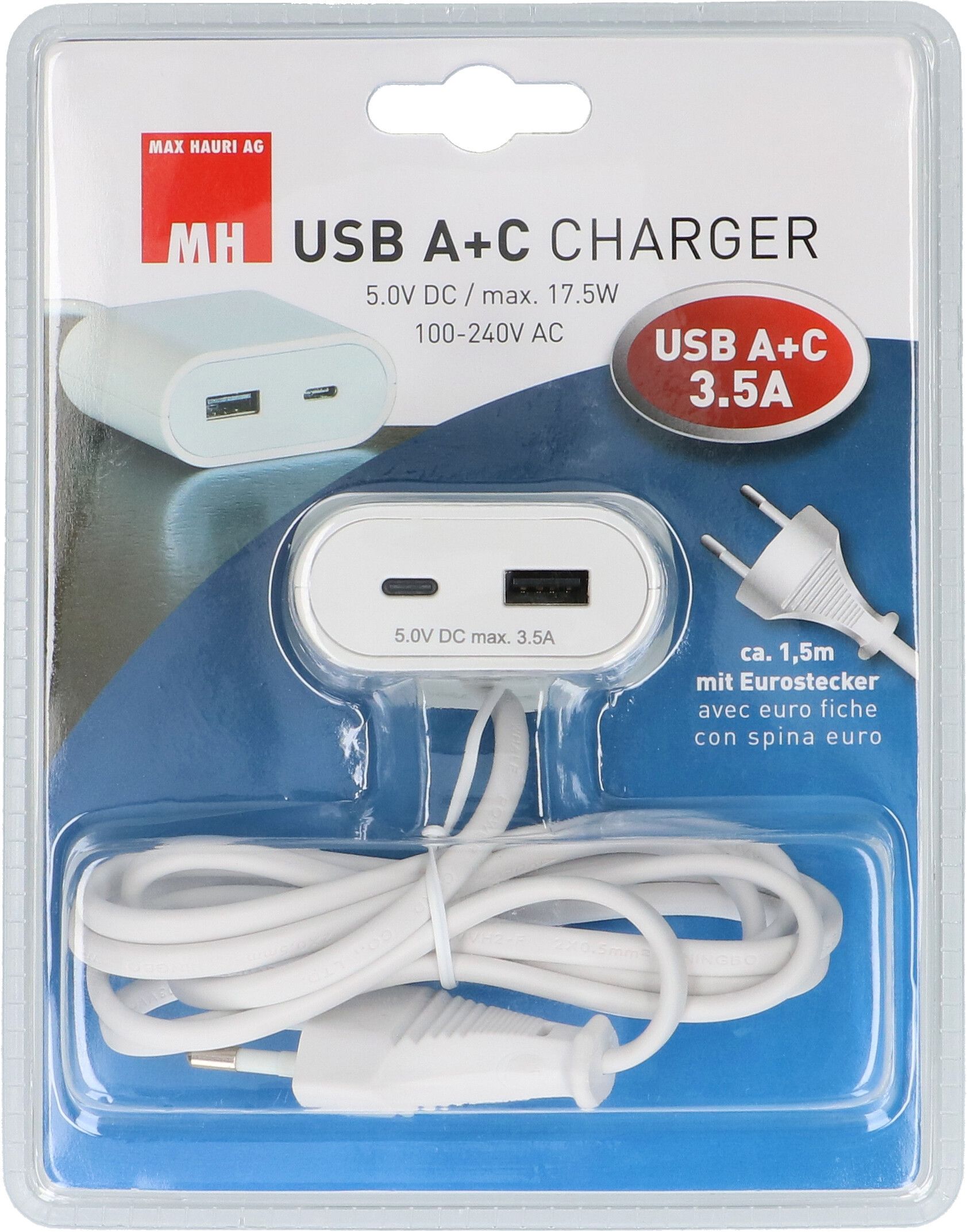 chargeur USB 1x USB A et 1x USB C total 17.5W avec câble blanc