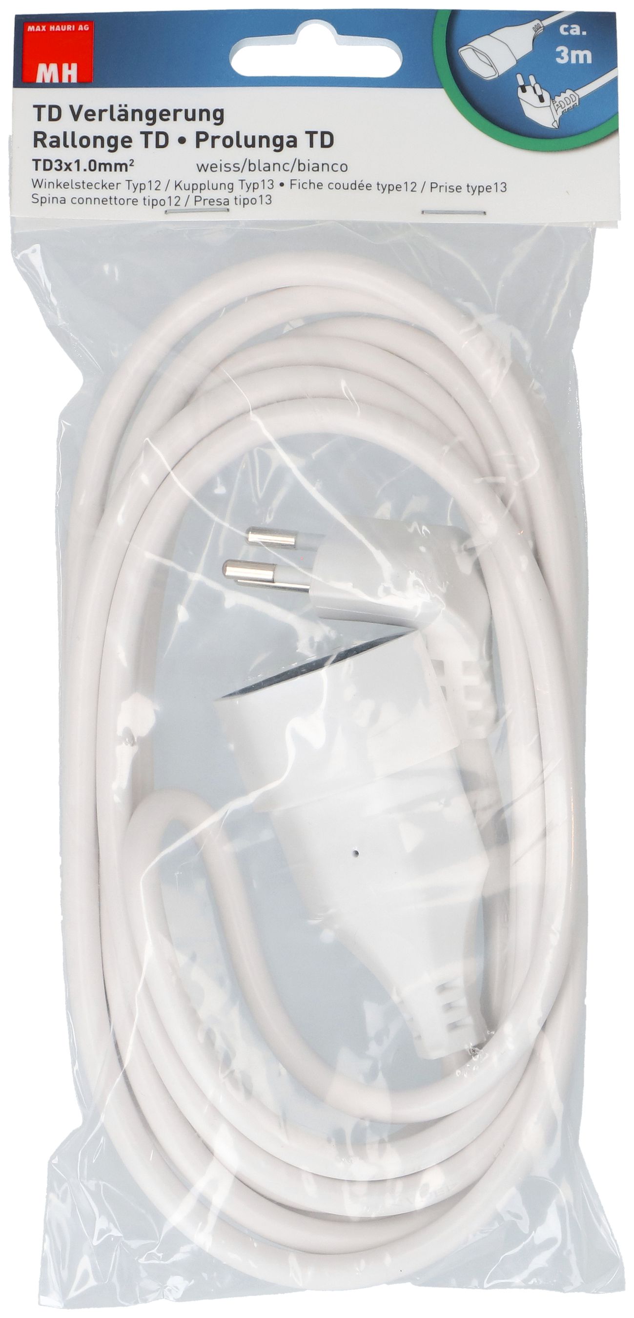 TD-Verlängerung H05VV-F3G1.0 3m weiss BS Typ 12 / Typ 13