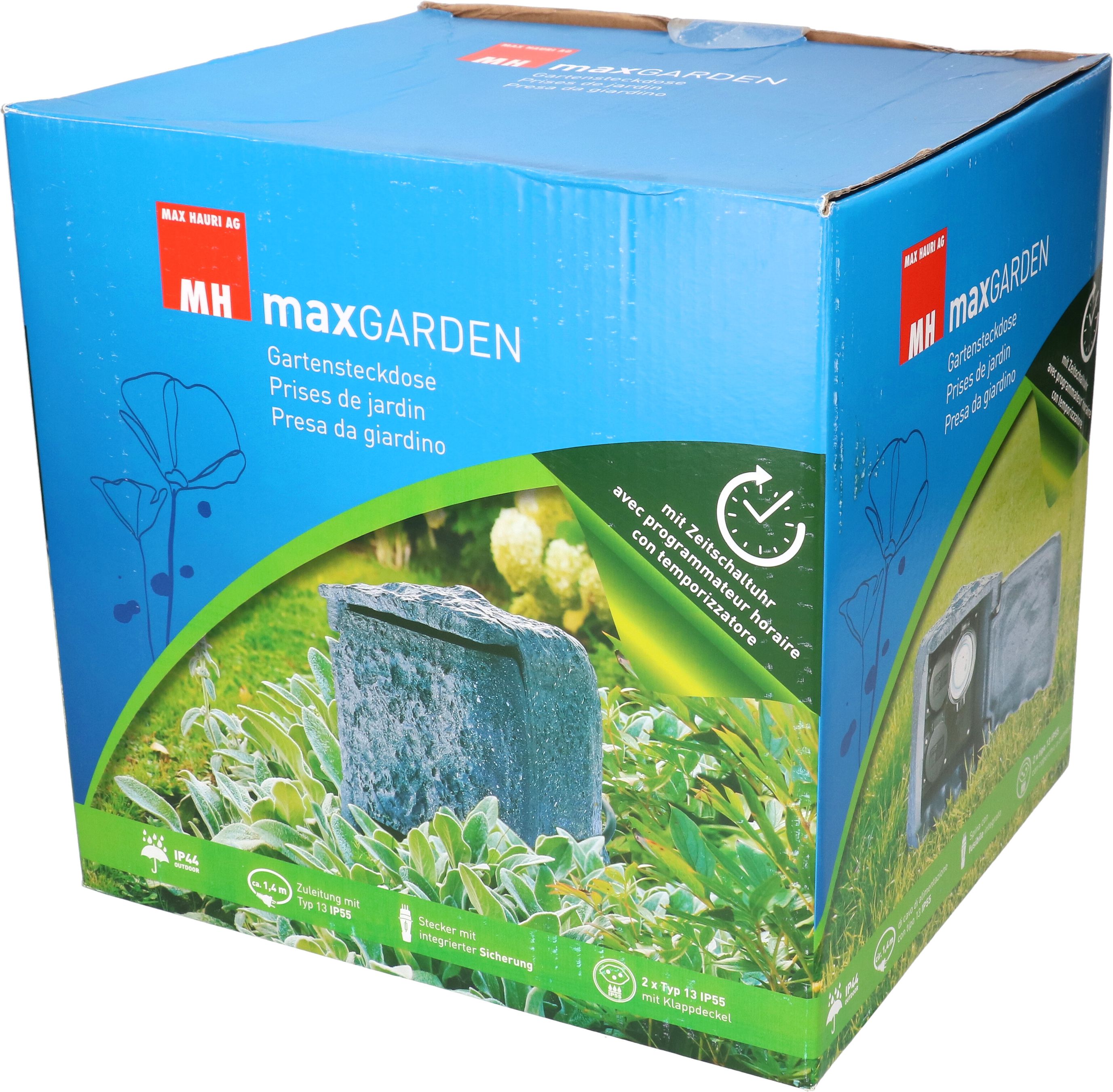 Gartensteckdose 2x Typ 13 IP55 Zeitschaltuhr Steinoptik grau