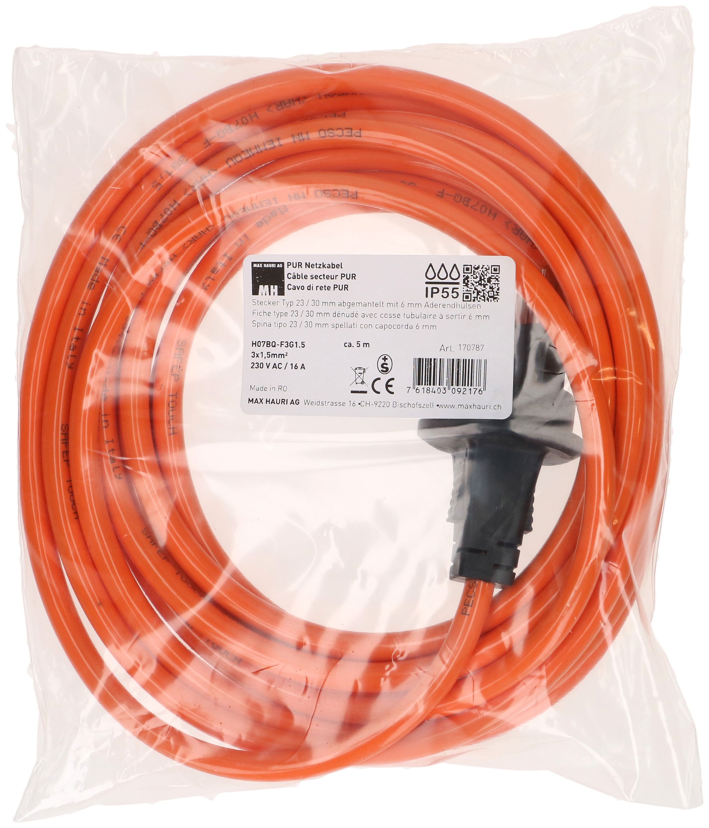 PUR câble secteur H07BQ-F3G1.5mm2 5m orange type 23 IP55