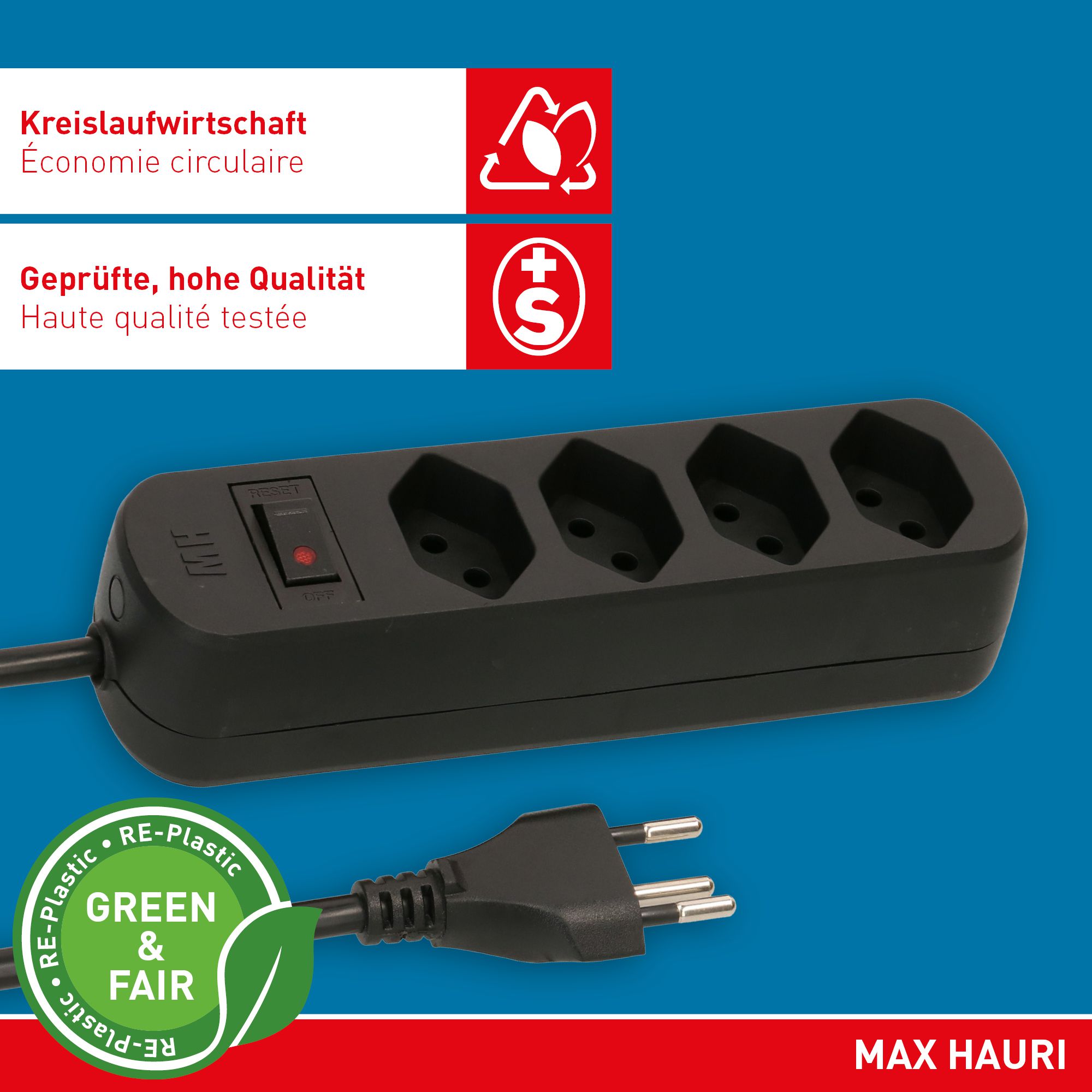 Steckdosenleiste Basic Line 4x Typ 13 sw Schalter 1.5m Green+Fair