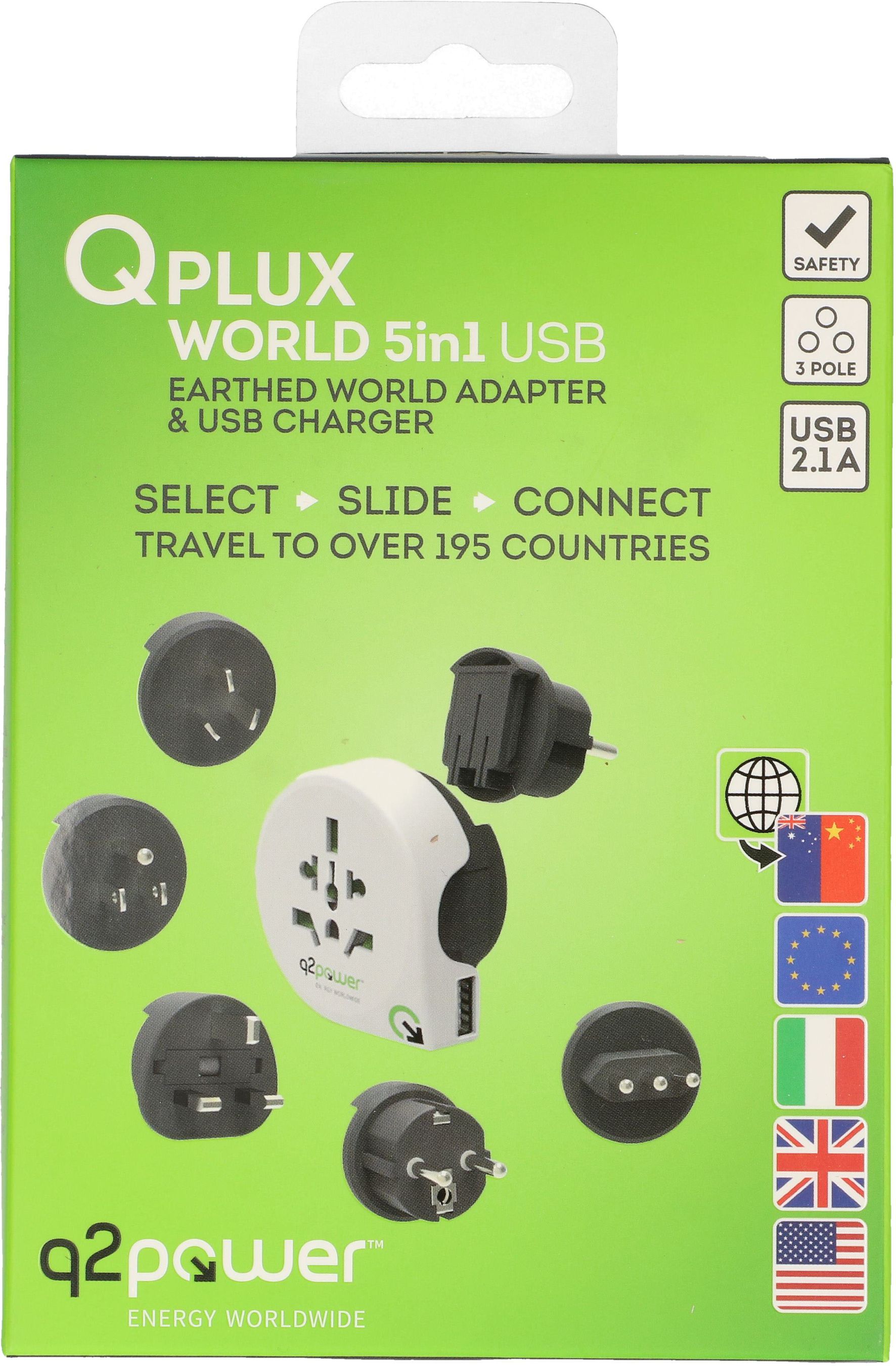 Weltreiseadapter QPlux USB Wold to CN/AUS, UK, Schuko, I, USA