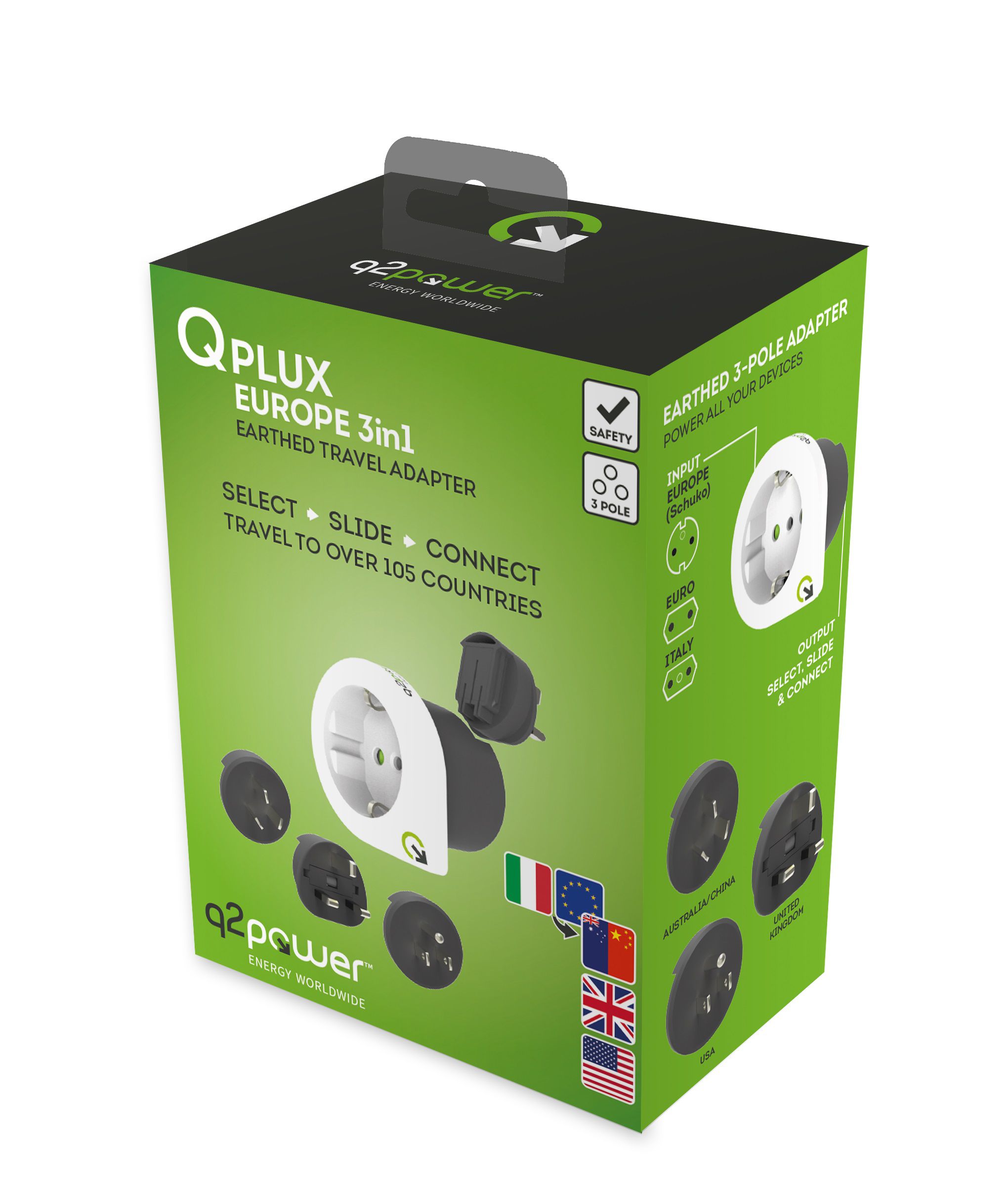 Q2 Power Qplux Europa 3in1 Weltreiseadapter AUS CN UK USA MAX HAURI AG