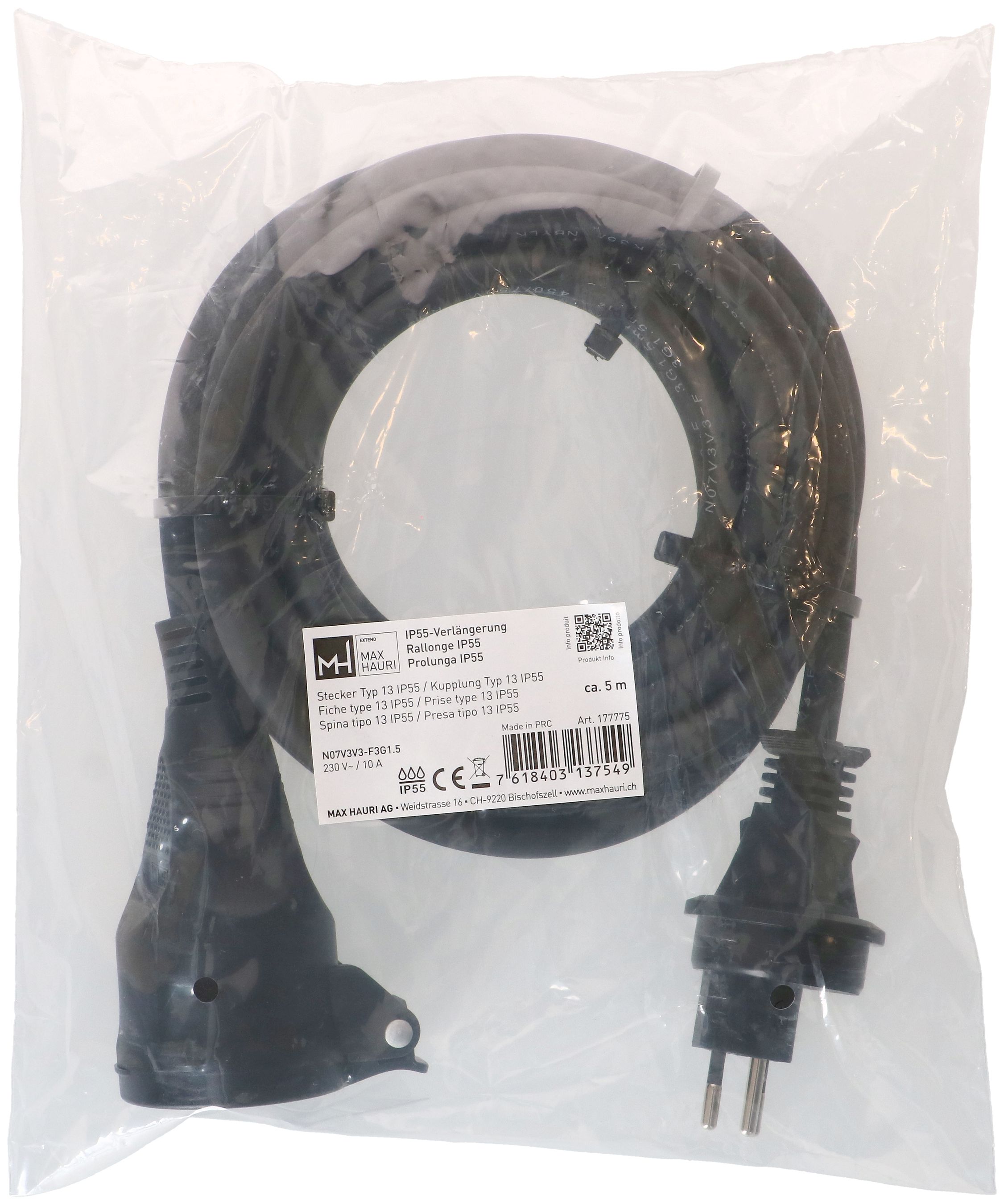 IP55 rallonge N07V3V3-F3G1.5 5m noir type 13 / type 13