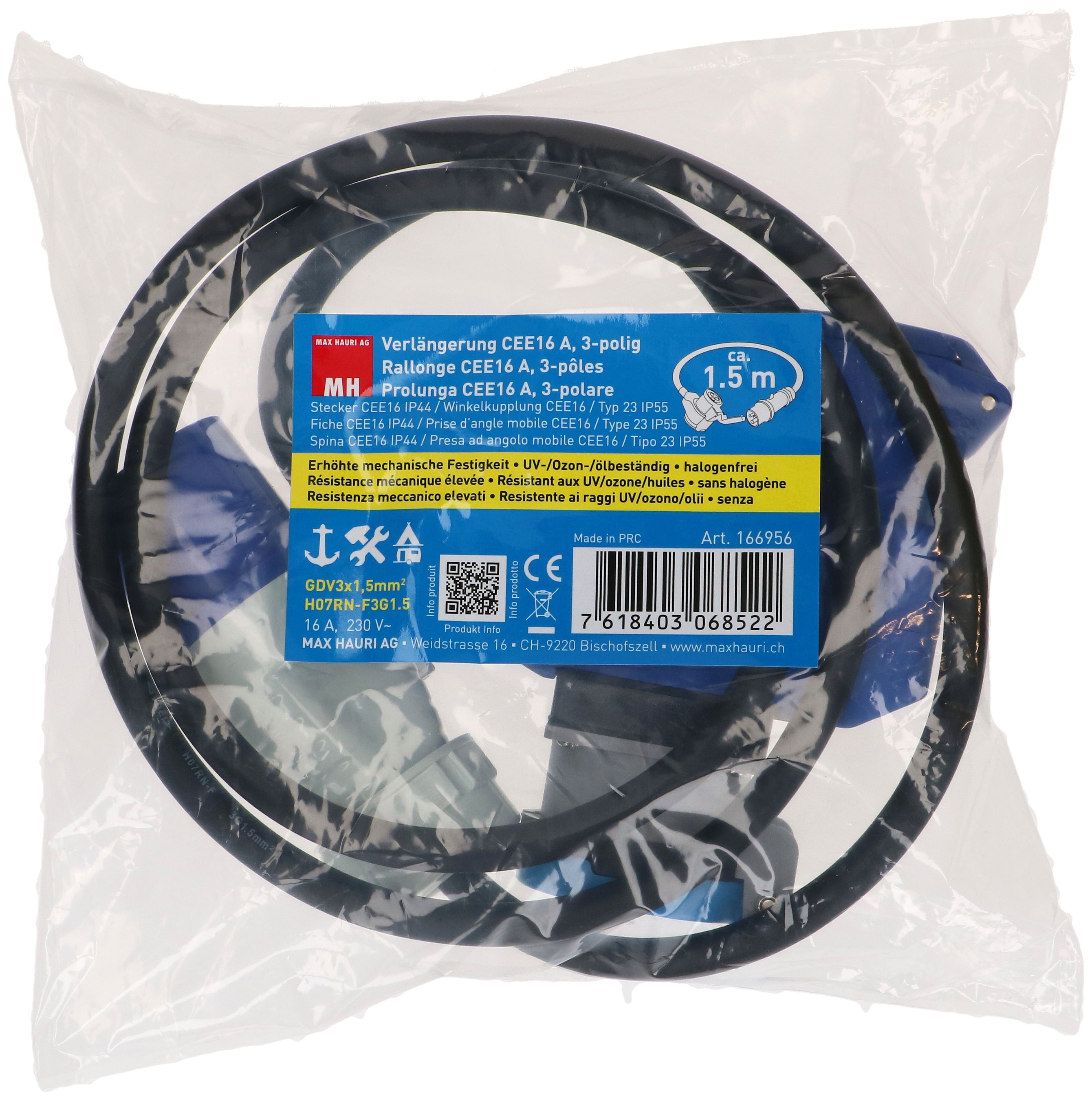 CEE-Verlänger. H07RN-F3G1.5 1.5m sw CEE16-3/CEE16-3 +Typ 23 IP55