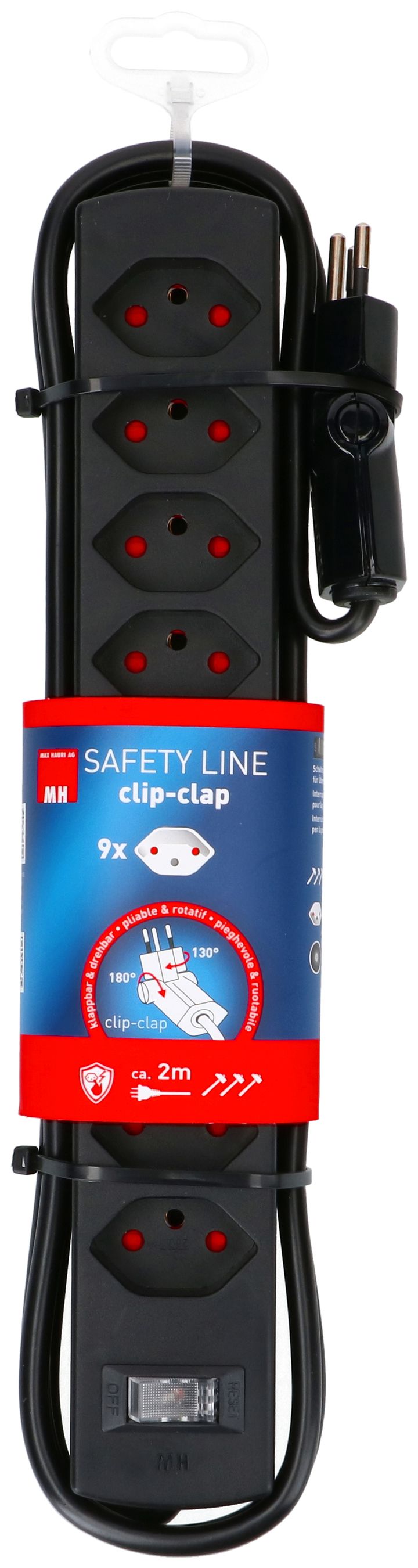 multiprise Safety Line 9x type 13 BS noir interrupteur 2m cli.