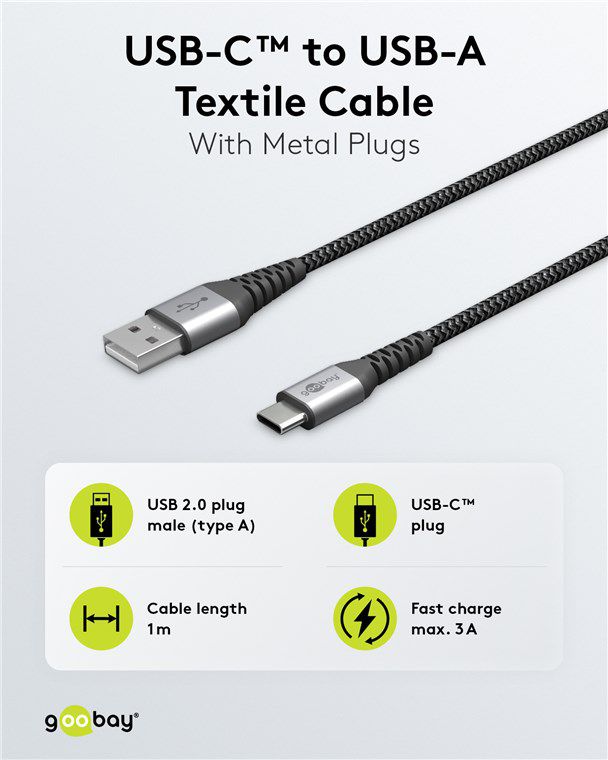 USB-A auf USB-C Kabel, Textil, extra robust, 1m
