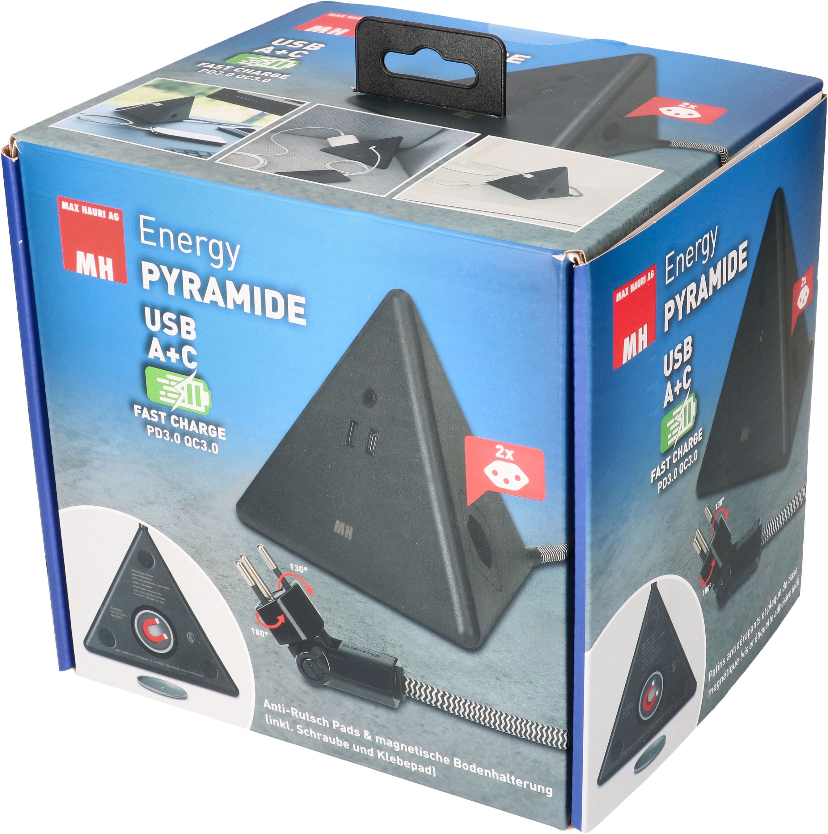 Energy Pyramide multiprise 2x type 13 noir USB A+C 2.5m clip-clap