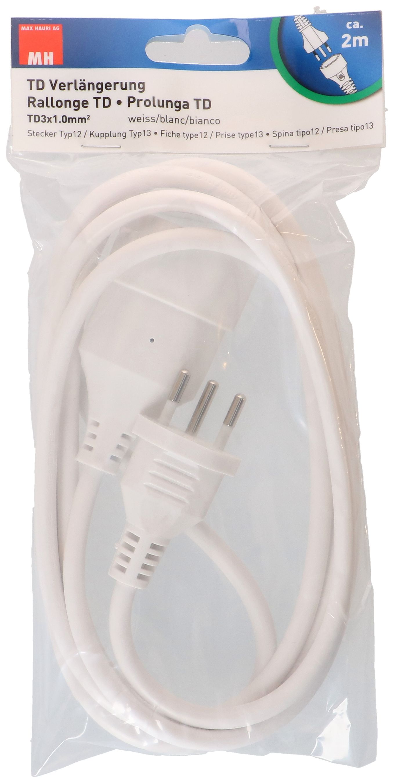 Rallonge TD H05VV-F3G1.0 2m blanc BS type 12 / type 13