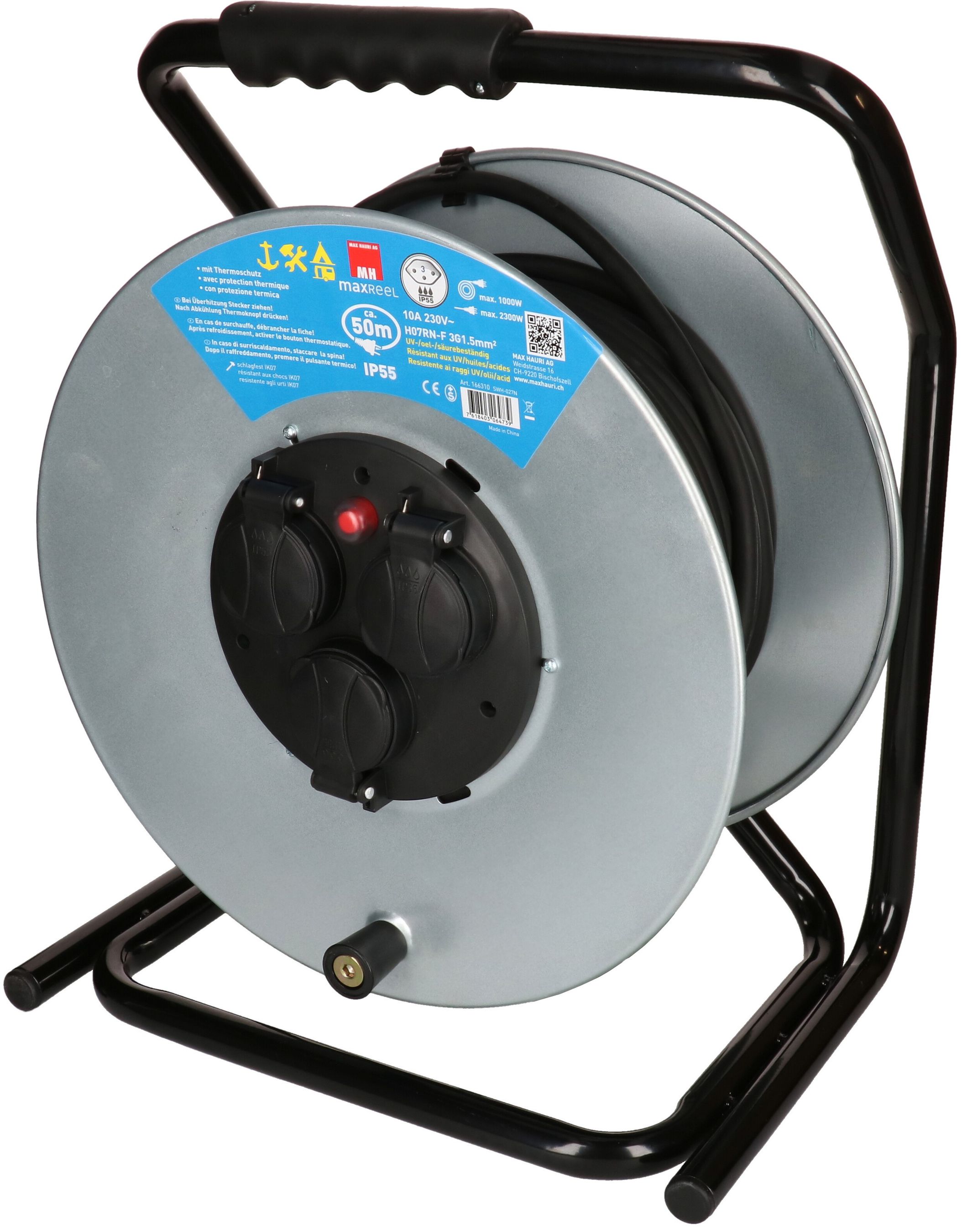 Steel cable reel IP55 with 3x sockets type 13 50m