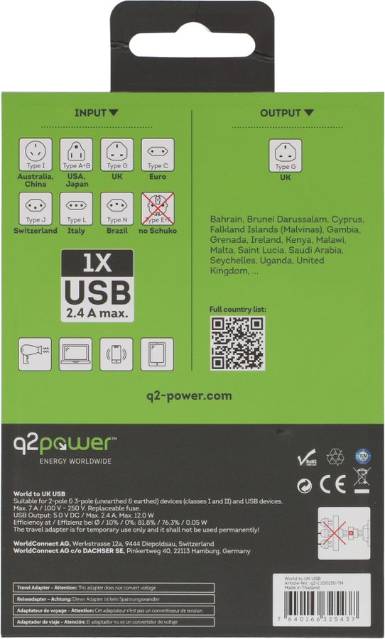 Q2 Power adaptateur mondial UK - USB