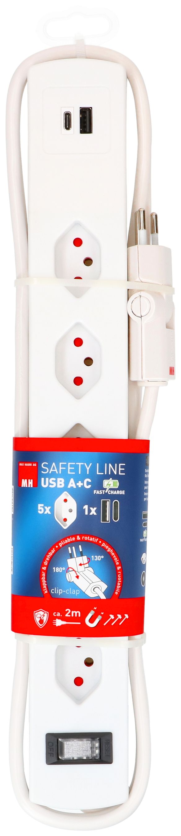 Steckdosenl. Safety Line 5xTyp 13 90°BS ws Schal. USB Mag.2m cli.
