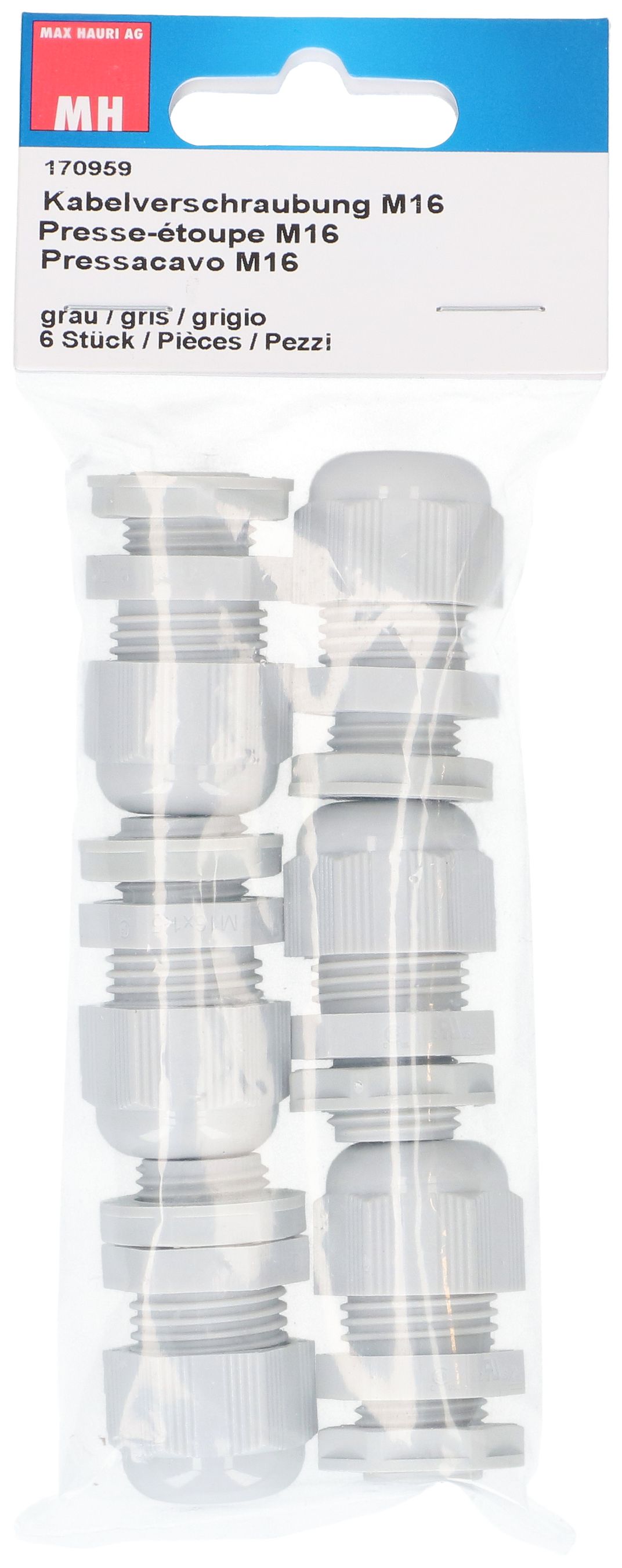 Kabelverschraubung M16 mit Gegenmutter grau IP68 / 6 Stück