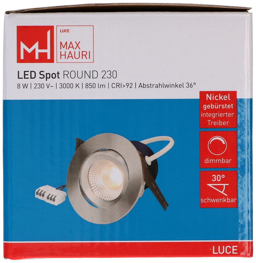 spot da incasso a LED ROUND 230 nichel spazzo. 3000K 850lm 36°