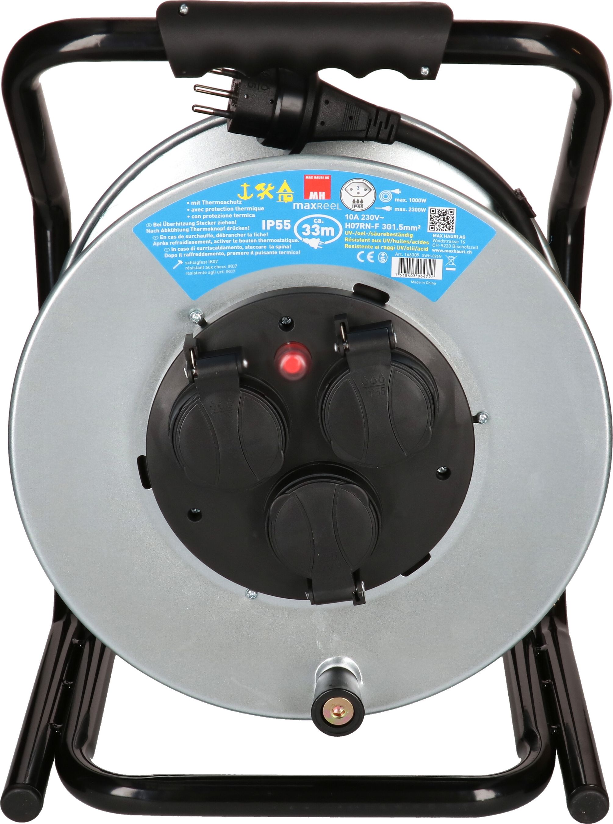 Steel cable reel IP55 with 3x sockets type 13 33m
