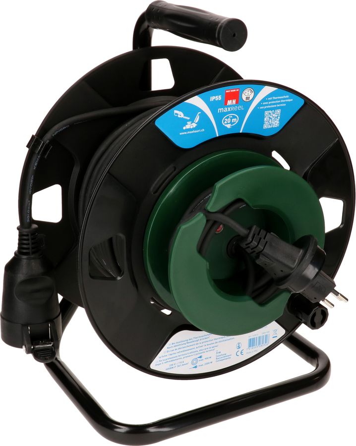 Cable reel IP55 20m with 1x socket and 1x plug IP55