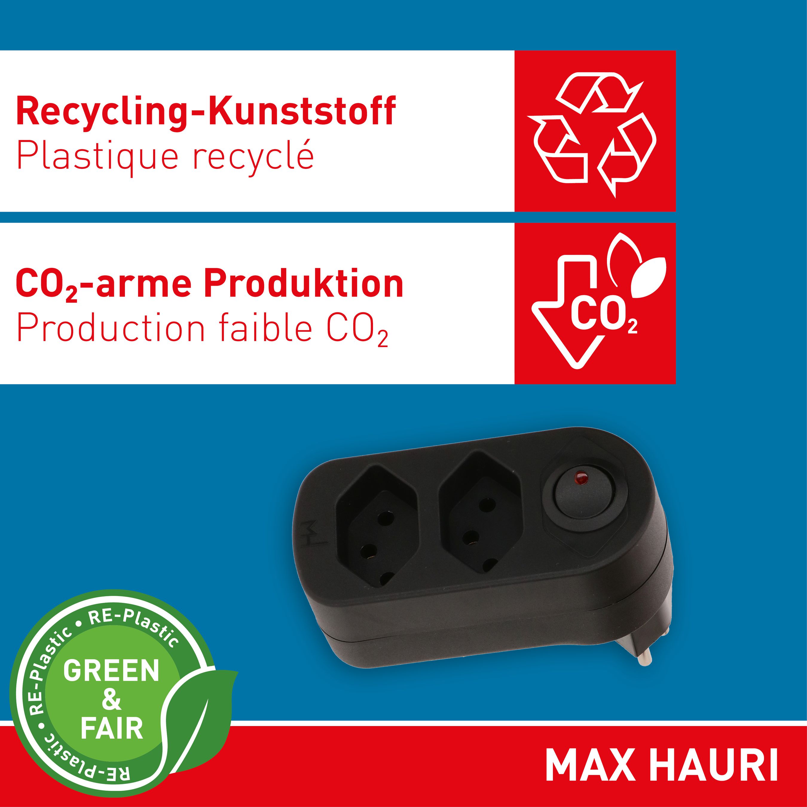 multi adaptateur ADAPT 2x type 13 noir rotatif interr. Green+Fair