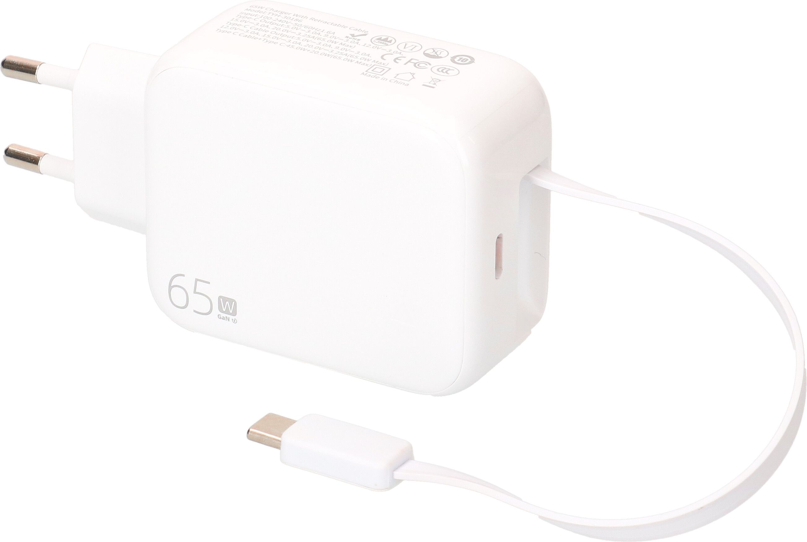 USB Schnellladeadapter GaN 1x USB-C Kabel 1x USB-C PD/QC 65W ws