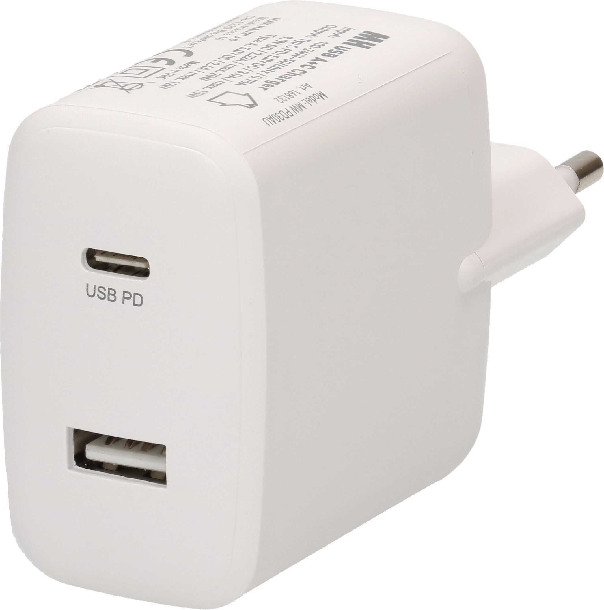 adaptateur de charge rapide USB 1x USB-C PD 1x USB-A 30W blanc