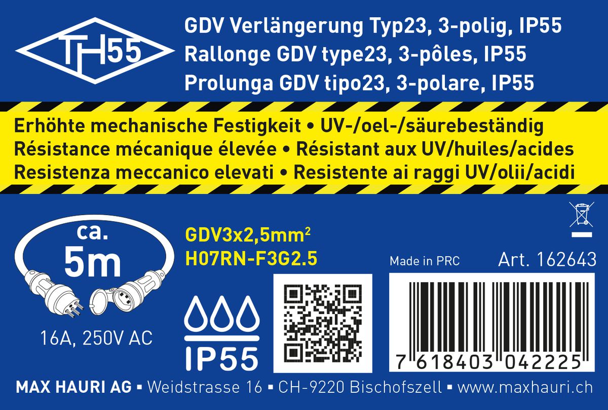 IP55 rallonge GDV H07RN-F3G2.5 5m noir type 23 / type 23