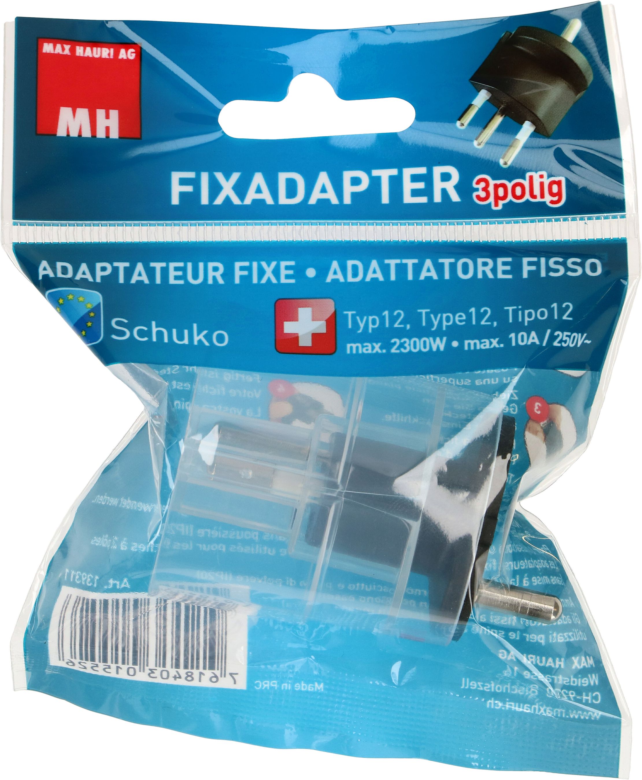 adaptateur fixe type 12 / Schuko CEE 7/7 noir