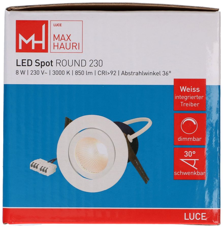 LED-Einbauspot ROUND 230 Ø80 weiss 3000K 850lm 36°