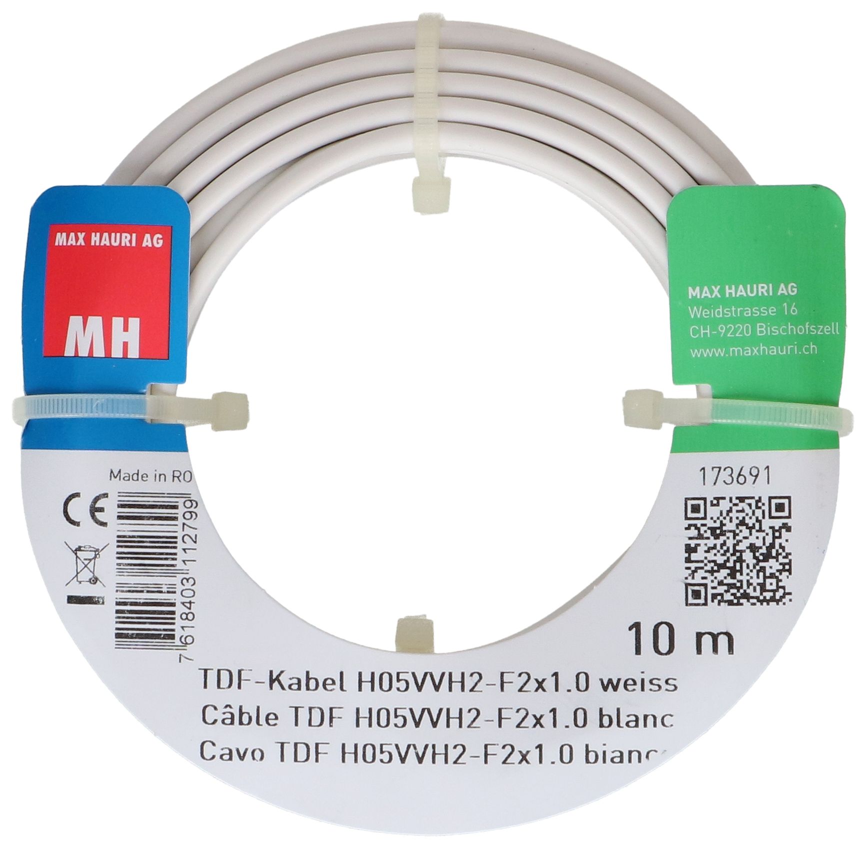 TDF-Kabel H05VVH2-F2X1.0 10m weiss