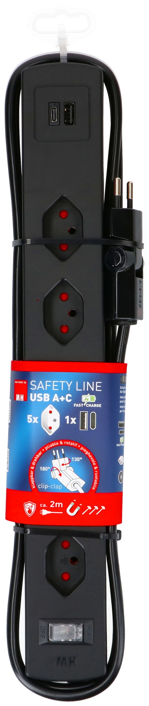 Steckdosenl. Safety Line 5xTyp 13 90° BS sw Scha. USB Mag.2m cli.