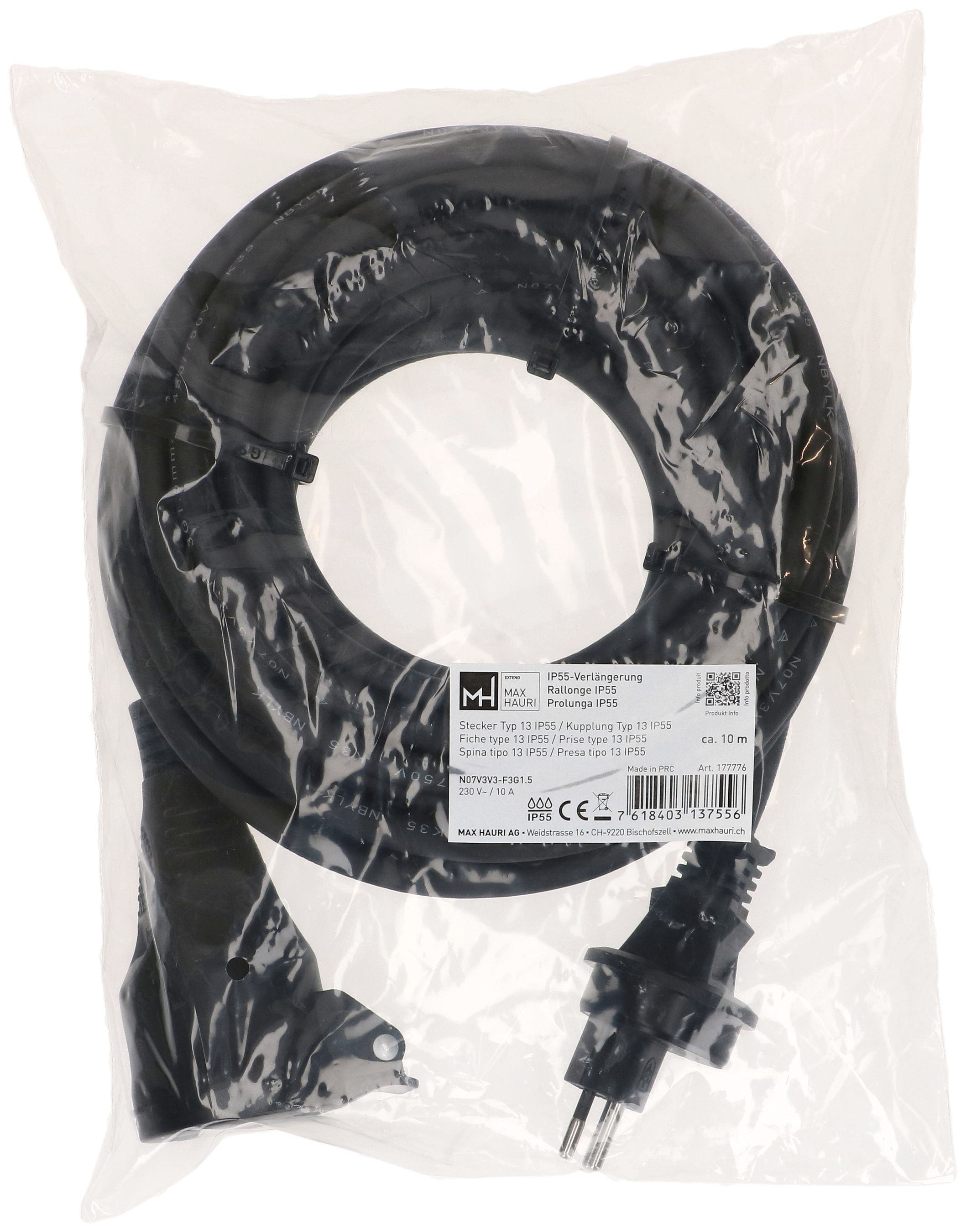 IP55 rallonge N07V3V3-F3G1.5 10m noir type 13 / type 13