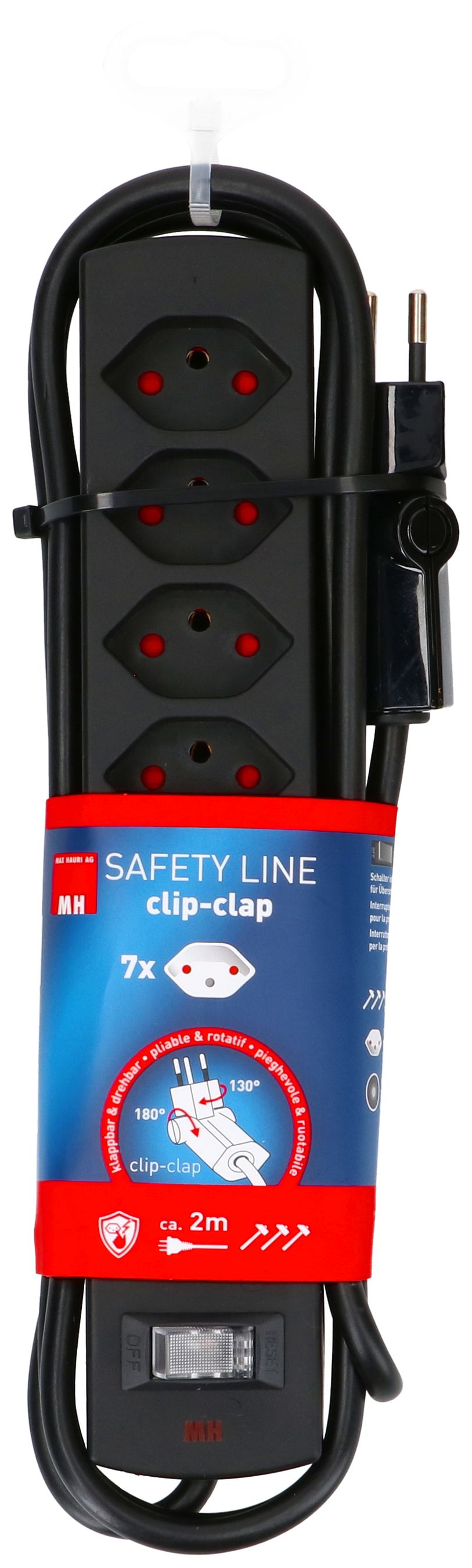 multiprise Safety Line 7x type 13 BS noir interrupteur 2m cli.