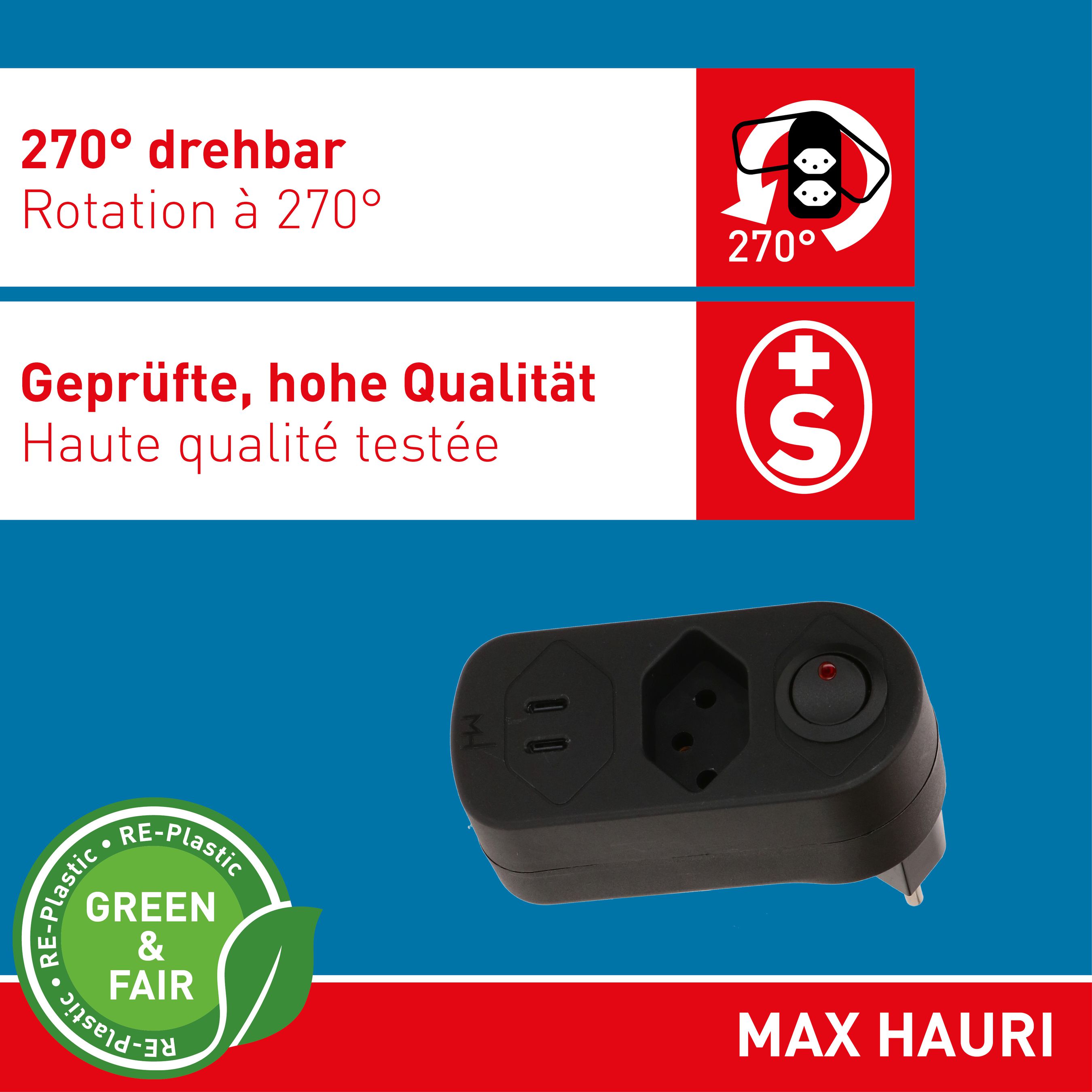 Abzweigstecker ADAPT 1x Typ 13 USB-C/C 20W sw drehbar Green+Fair