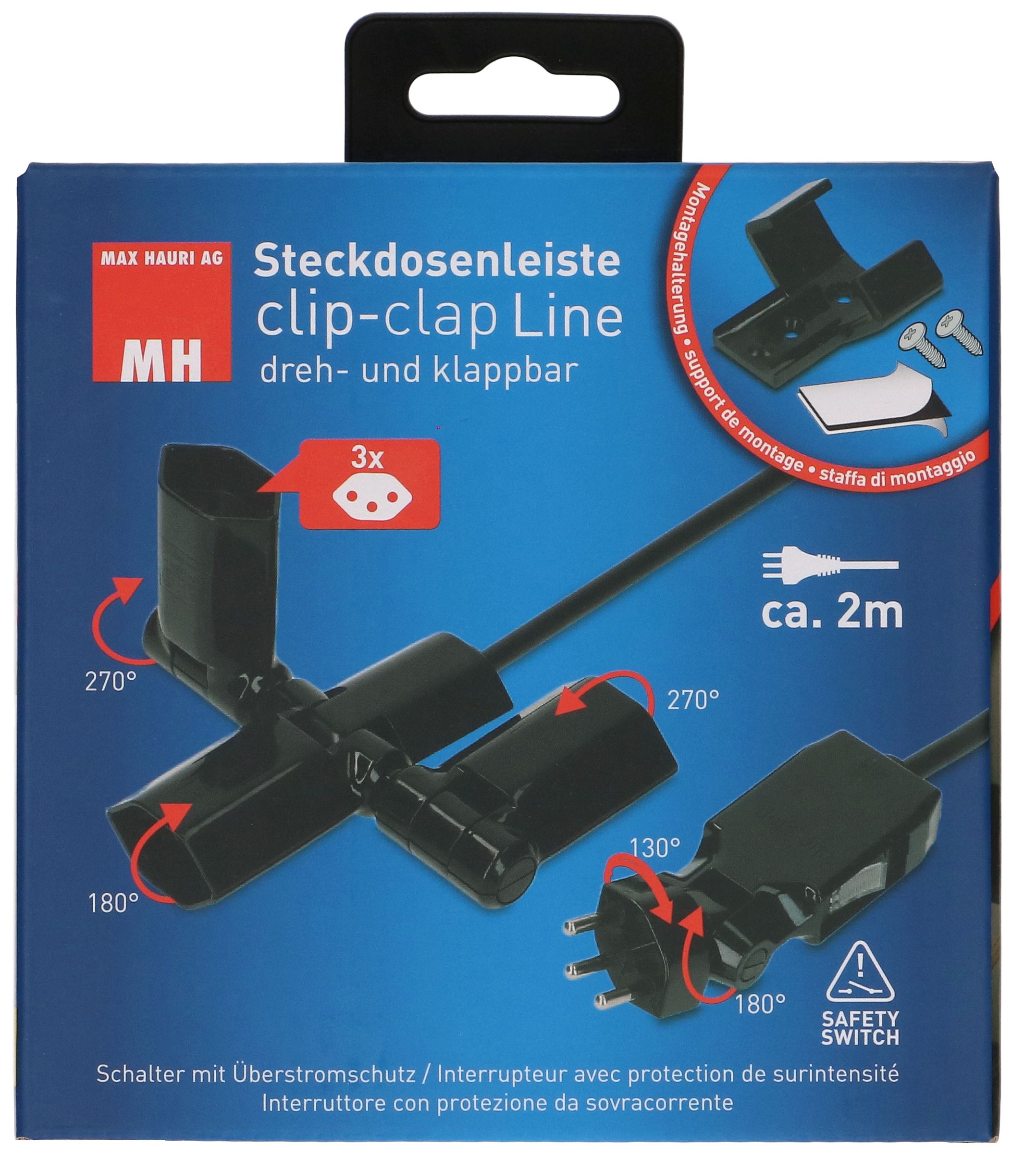 multiprise clip-clap Line 3x type 13 noir interrupteur 2m