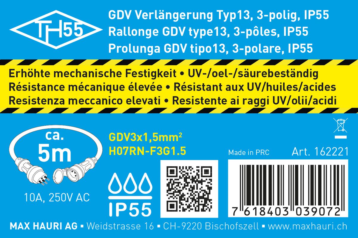 IP55-GDV-Verlängerung H07RN-F3G1.5 5m schwarz Typ 13 / Typ 13
