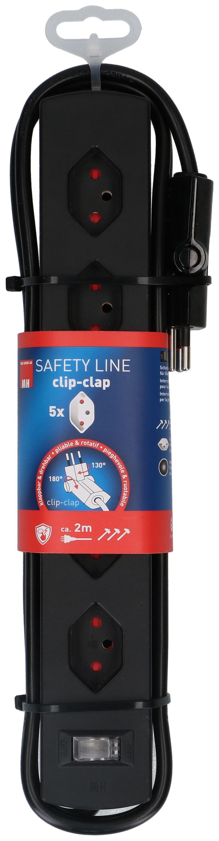 Steckdosenleiste Safety Line 5x Typ 13 90° BS sw Schalter 2m cli.