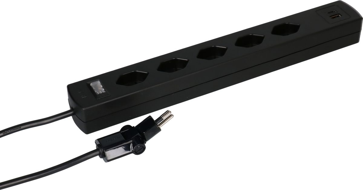 Steckdosenl. Safety Line 5xTyp 13 90° BS sw Scha. USB Mag.2m cli.