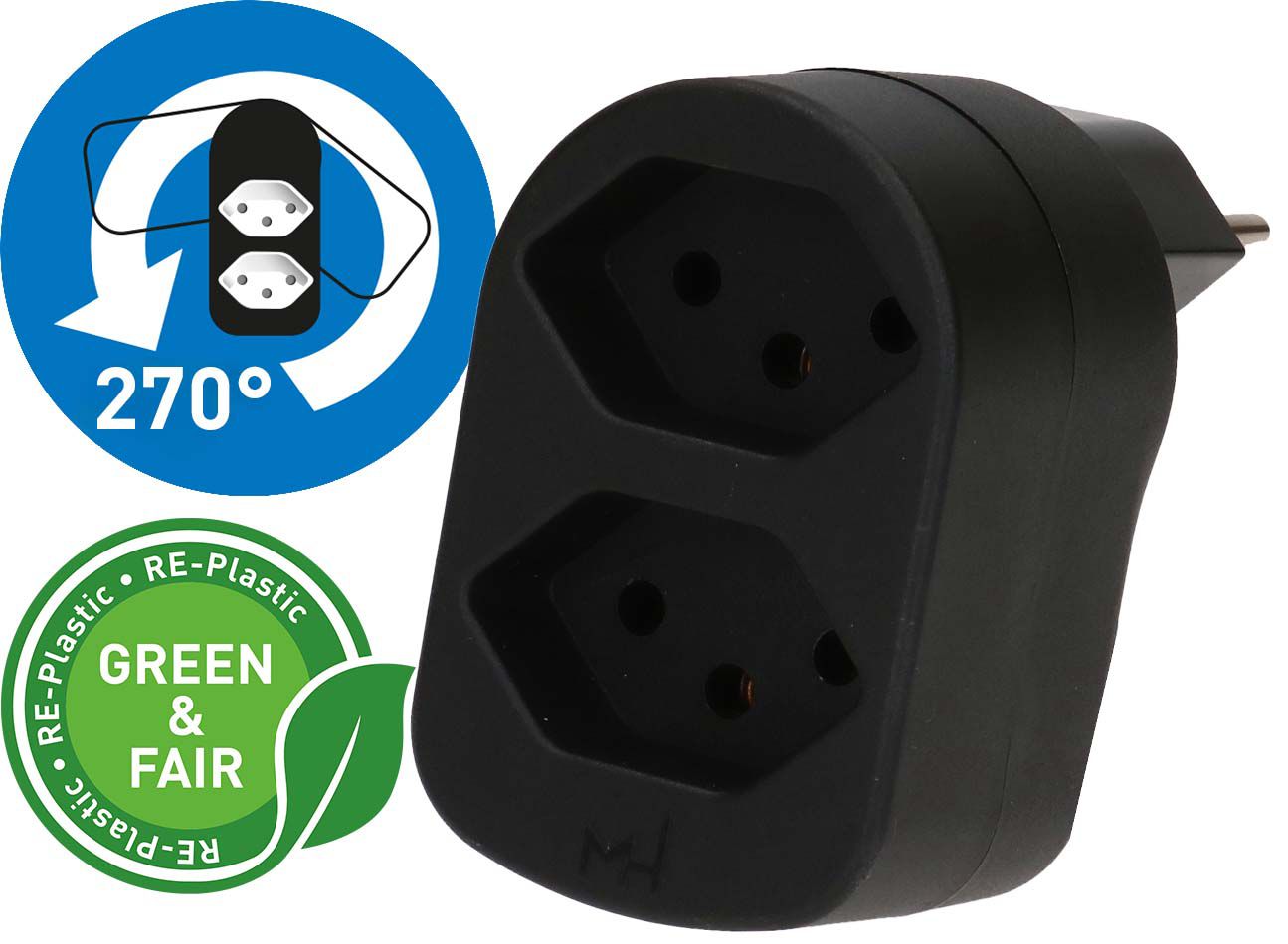 Abzweigstecker ADAPT 2x Typ 13 schwarz drehbar Green+Fair