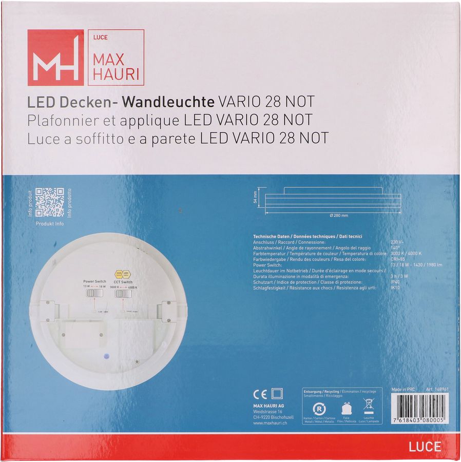 plafonnier et applique LED VARIO 28 NOT 3000-4000K 13-18W