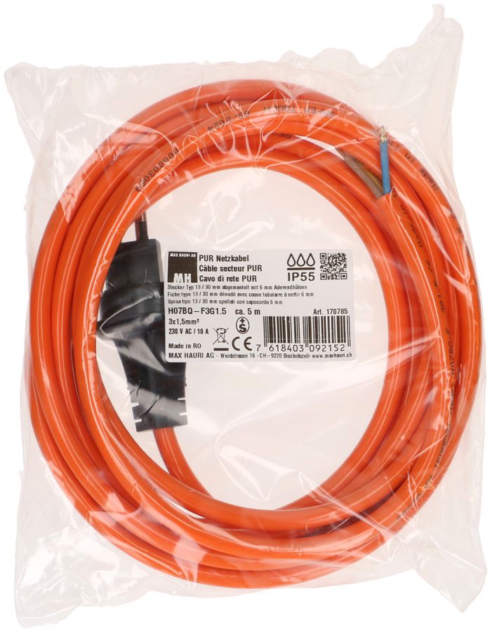 PUR câble secteur H07BQ-F3G1.5mm2 5m orange type 13 IP55