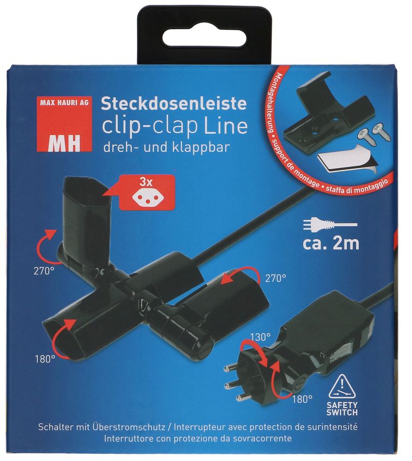 multiprise clip-clap Line 3x type 13 noir interrupteur 2m