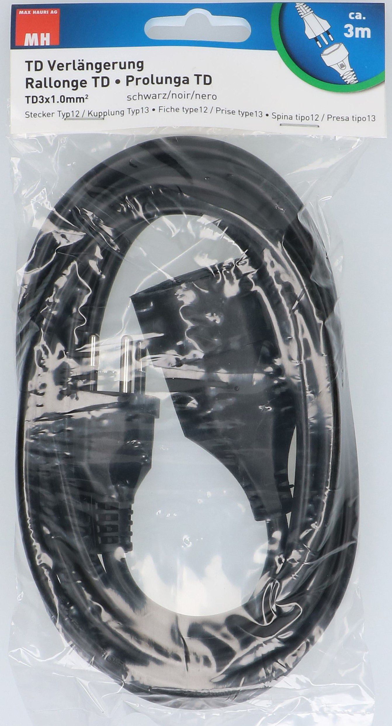 TD-Verlängerung H05VV-F3G1.0 3m schwarz BS Typ 12 / Typ 13